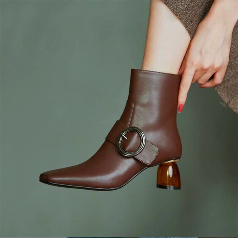 【新作】【送料無料】 スクエアトゥメタルバックルレディースストレンジヒールハイヒールブーツブラックブラウンファッションブーツウィンターレディースマルブーツ 靴 シューズ 冬物 スクウェア 10b383207234198