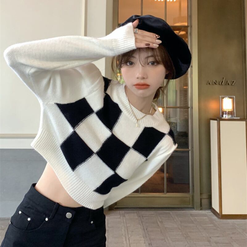 格子柄セーター オータムコート クロップドトップス 秋物 YY-ファッション21600096604