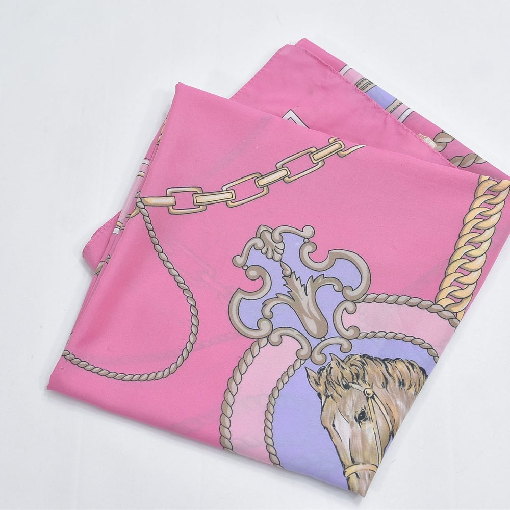 Scarf スカーフ 大判スカーフ 馬具 馬 ホース チェーン ロープ 紋章柄 レトロ アンティーク ピンク USED ヴィンテージ ビンテージ 古着 レディース
