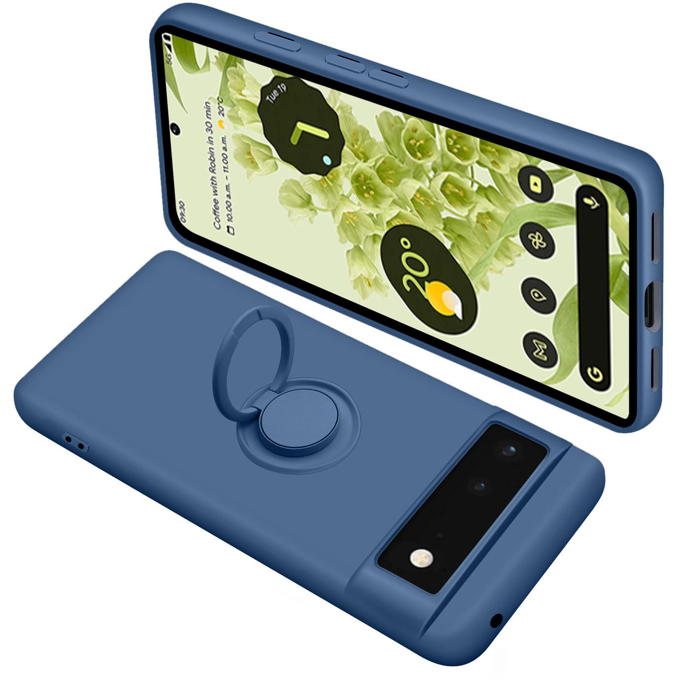 【在庫処分】Google Pixel6 ケース リング付き シリコン 耐衝撃 グーグル ピクセル 6 リング カバー 液体シリコーン スマホケース 360°回転 スタンド機能 車載ホルダー ストラップホール付き 滑り止め 落下防止(ブルー)