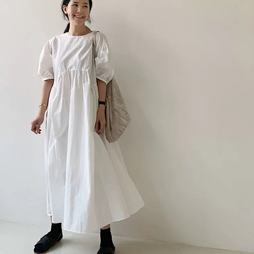 ワンピース フリル パフスリーブ ロング丈 ルーズ レディース 無地 体型カバー 夏 大きいサイズ ゆったり 春 新作 シンプル 清楚 カジュアル 大人スタイル 夏 ゆったり ハイウエスト