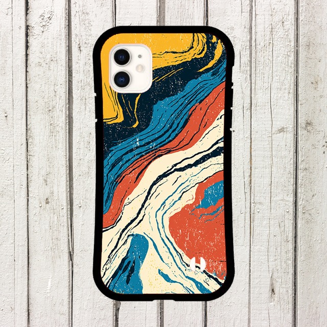 受注生産 iPhoneケース マスタードと紺の流れる抽象柄｜マーブルアート PABS014D