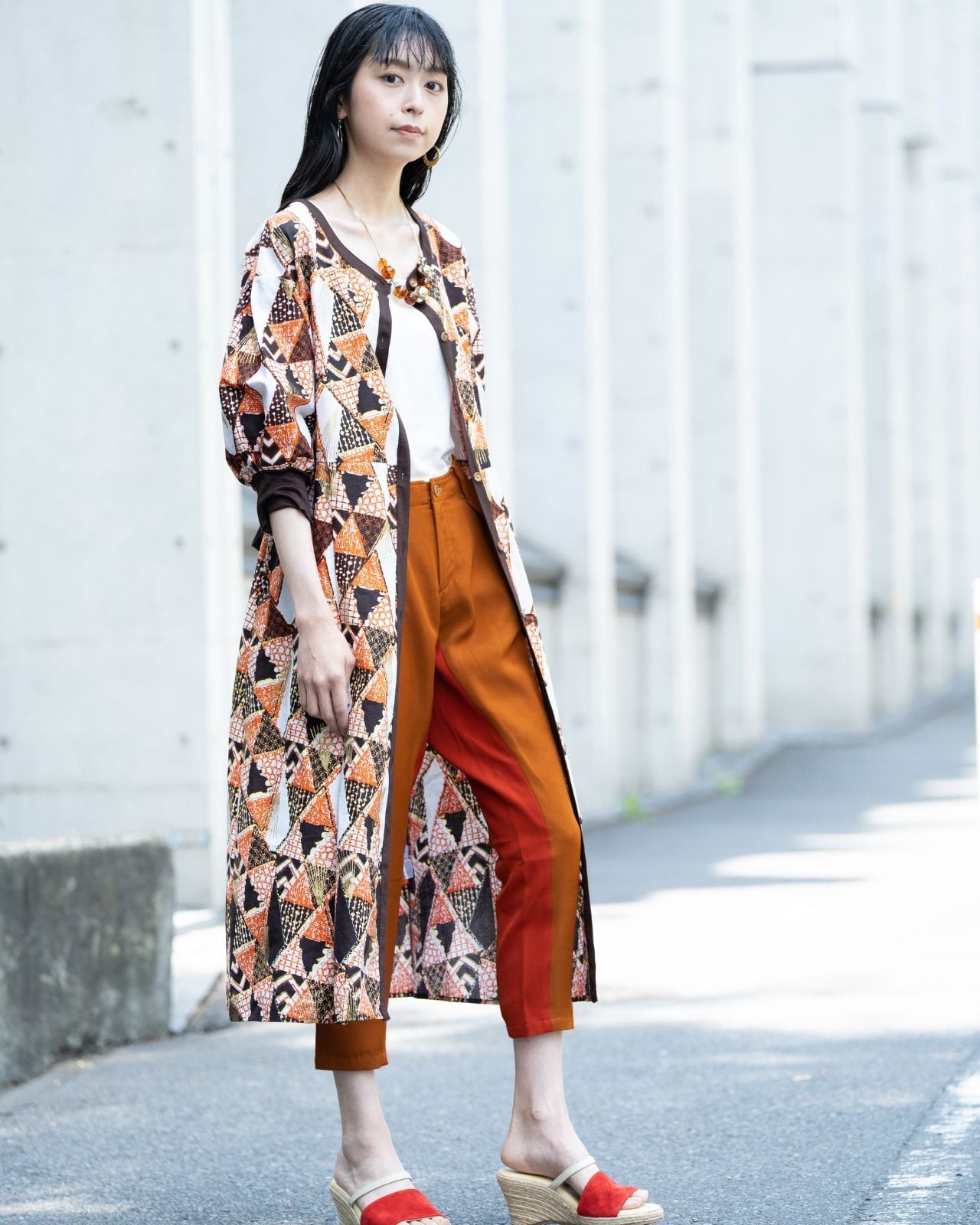 ボリューム袖ワンピース アフリカンバティックワンピース Jua 階段柄