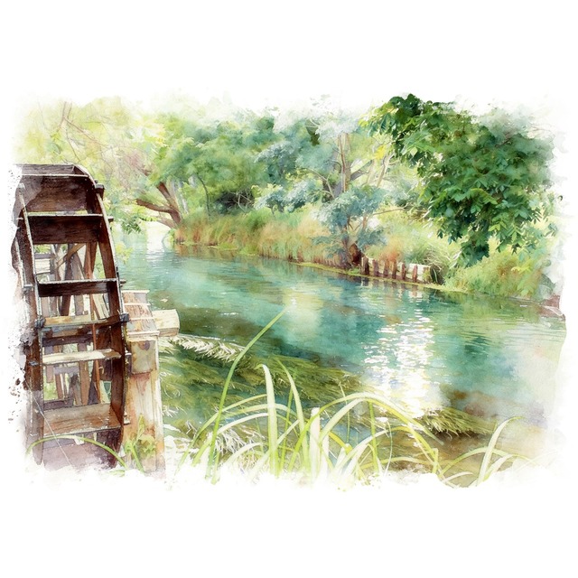 絵画 日本 長野県安曇野市 蓼川水車小屋の風景 インテリアアート額付き 水彩画・油絵風 WAT0040