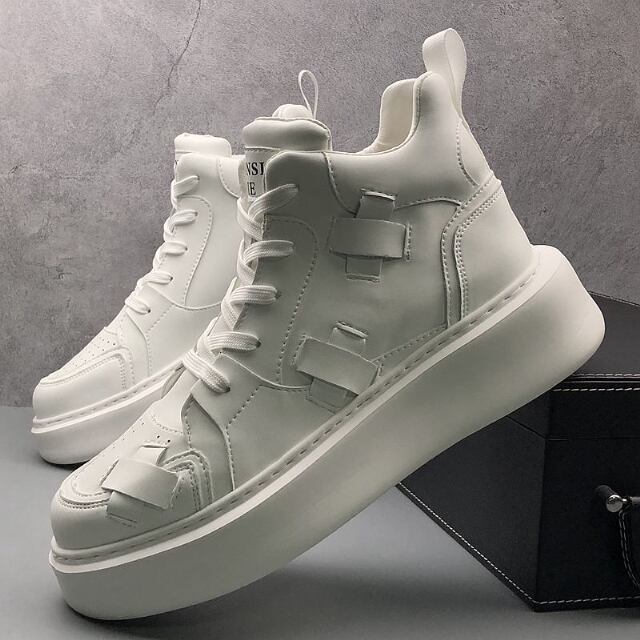 予約販売】スニーカー ハイカット 厚底 クロス レザー 靴 白 黒