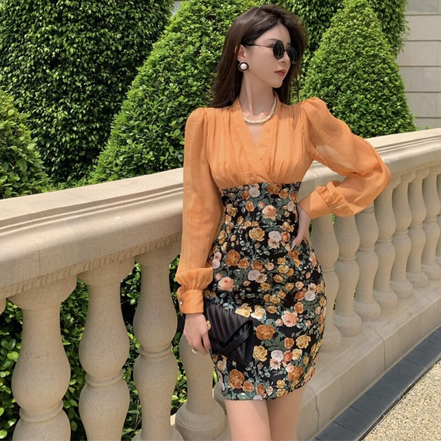 Vネック薄手シフォンフローラルスカート サマースタンダードウェストドレス ショート ロング レトロ 夏物 花柄 ステッチ ガールズファッション76287988778