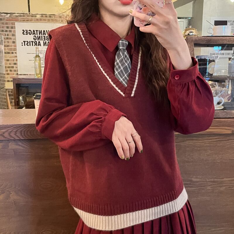 ✞ロリータJK制服 スタイルVネックニットセーター プリーツドレス