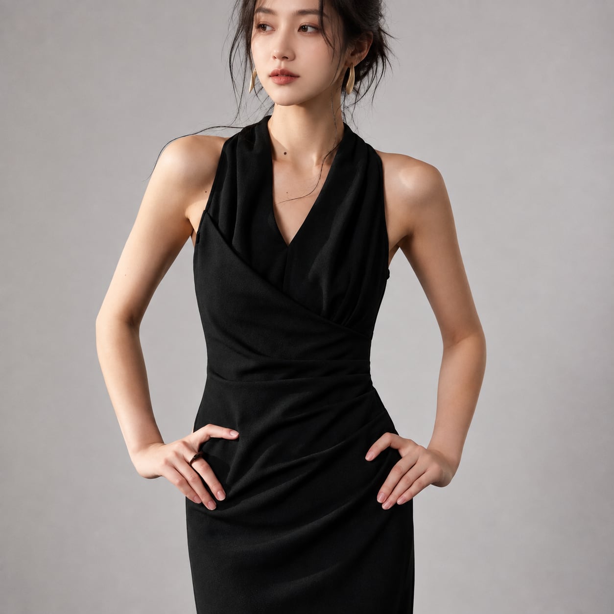 【Héritas Select】Vネック スリットロング ワンピース 1col H10659
