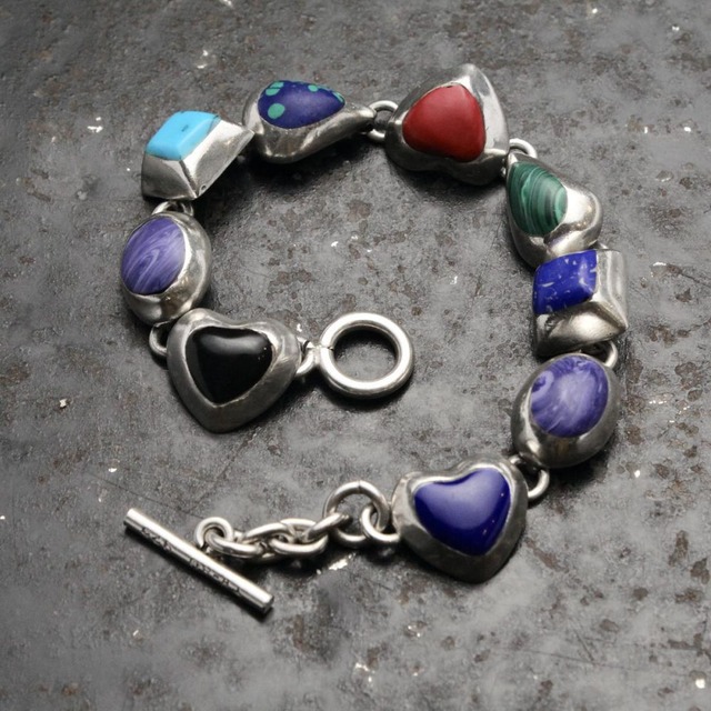 Vintage Taxco Multi-Stone Silver Chain Bracelet [MEXICO TAXCO SILVER & Multi Gems] Multi Heart Design