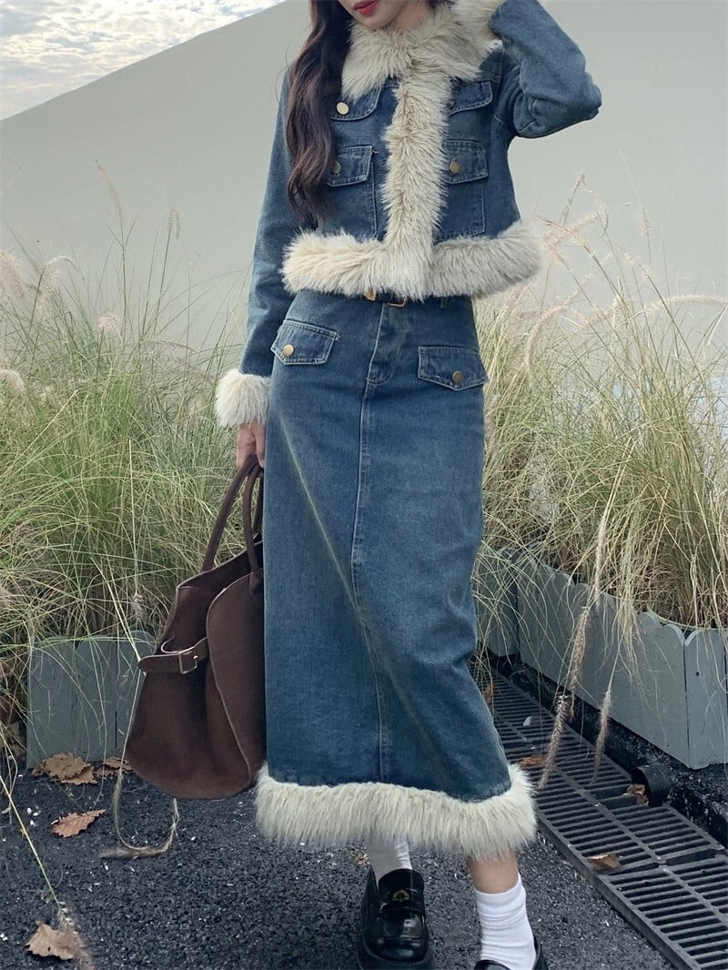 set】ファー付きデニムジャケット×ロング丈スカートセット N2332