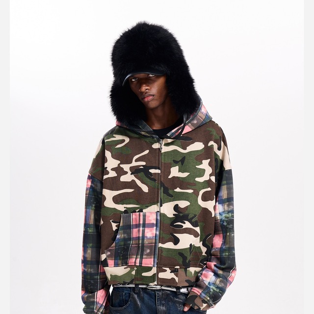 【DRIP6900】F3X Camo Plaid Patchwork Cropped Zip-Up Hoodie Jacket
