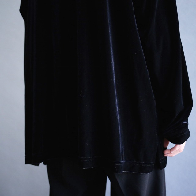 "刺繍" switching gloss flower pattern black velours shirt