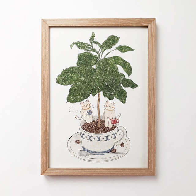 A4 猫とコーヒーの木 アートプリント/イラスト複製画