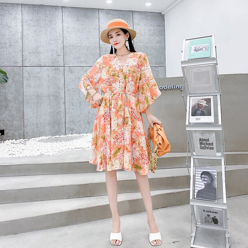 VネックギャザーFlowerデザイン ドレス ルーズ薄手 大きめサイズ フラワーデザイン ミックスインファッション79469368458