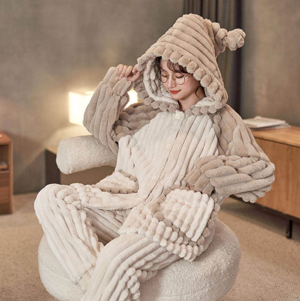 フリースフード付きパジャマセット ベージュ系 フリースフード付きパジャマセット ベージュ系 フリースフード