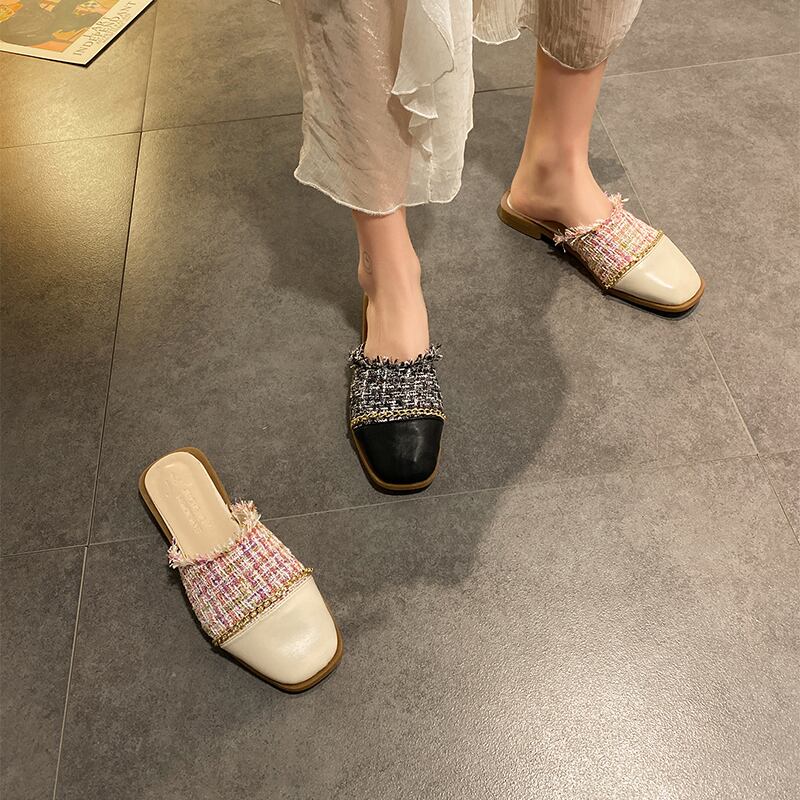 スクエアヘッドカラーマッチングスリッパ女性の夏2020バージョンの野生の厚いヒールと包頭ネットの赤いチェーンサンダル 部族の婦人靴0333225