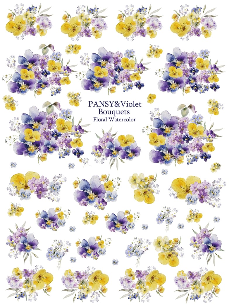 水彩PANSY&Violet bouquet パンジー＆ビオラブーケ A4サイズ