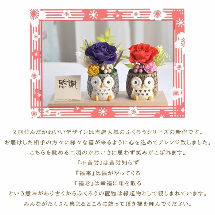 プリザーブドフラワー 和風プリザーブドフラワー 夫婦ふくろう・いつまでもお元気で 「夫婦ふくろう」プリザーブドフラワーギフト バレンタイン