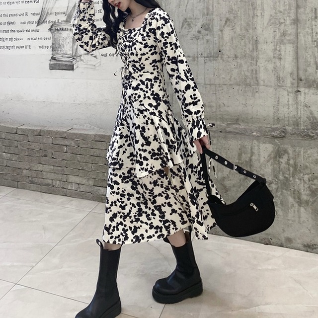 牛柄 スクエアネック リボン 長袖 ワンピース *on398