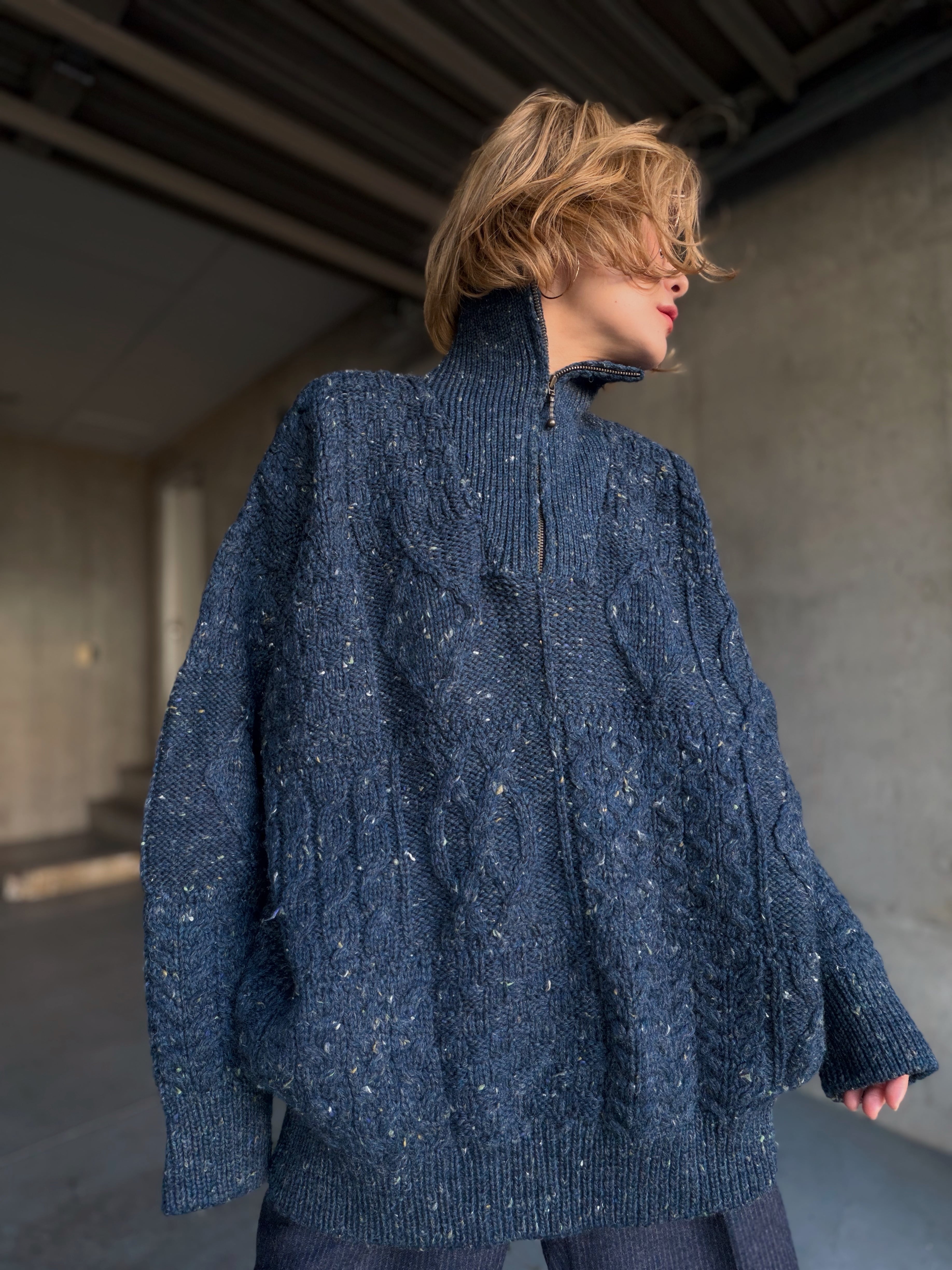 (KN594)80‘s Irish wool nep half zip cable knit made in IRELAND