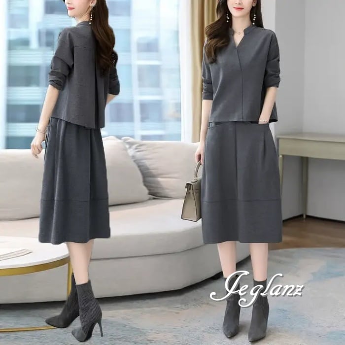 3色 セットアップ 2点 トップス スカート シンプル派 (MA939)λ