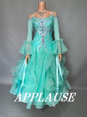 【新着】社交ダンス ドレス　スタンダード　モダンドレス　アイスグリーン　M～L　ST-24-16　デモ・競技用ドレス　発表会衣装　パーティドレス　ワンピース　舞台衣装