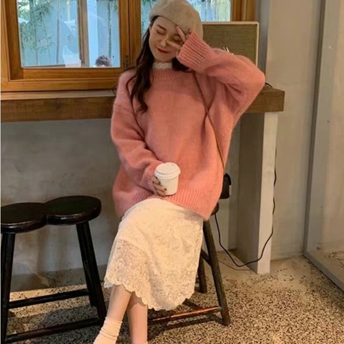 セットアップ 上下セット ワンピース ニット レディース 2点セット 大人可愛い セーター 長袖 ひざ下丈 レース 大きいサイズ シンプル カジュアル 通勤 通学 きれいめ