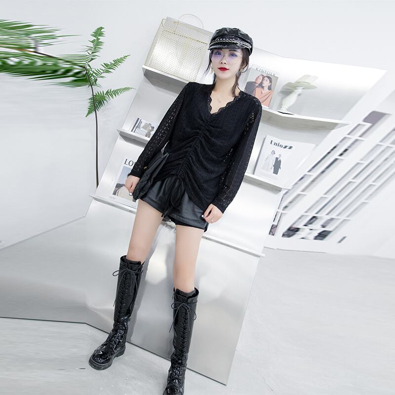 オータムギャザーVネックスタイルトップス ルーズシャツ Tシャツ ロング 大きめサイズ 秋物 ミックスインファッション7862748532