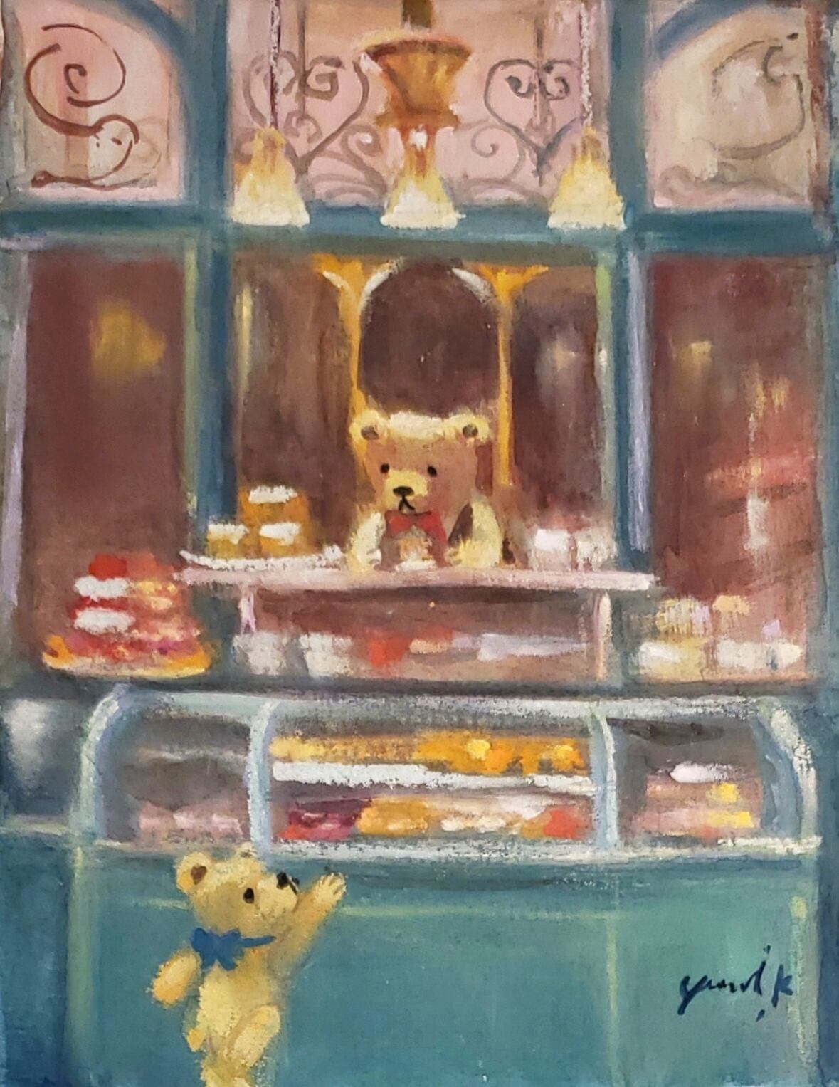 絵画 ｢クマ達のパティスリー｣ 19×14cm 水彩/パステル 額付き 神之浦