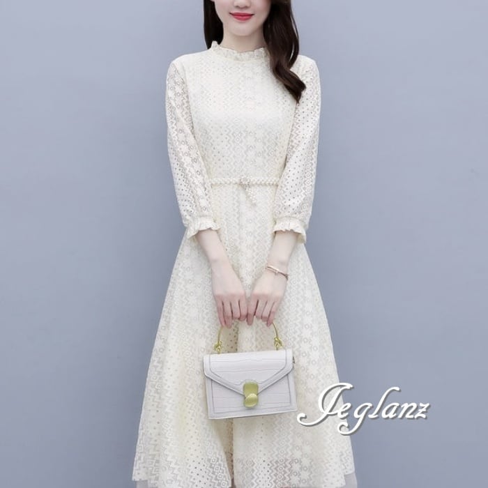 3色 透かし彫り ワンピース ドレス レイヤード 立ち襟 エターナル 7分袖(M7854)ζ