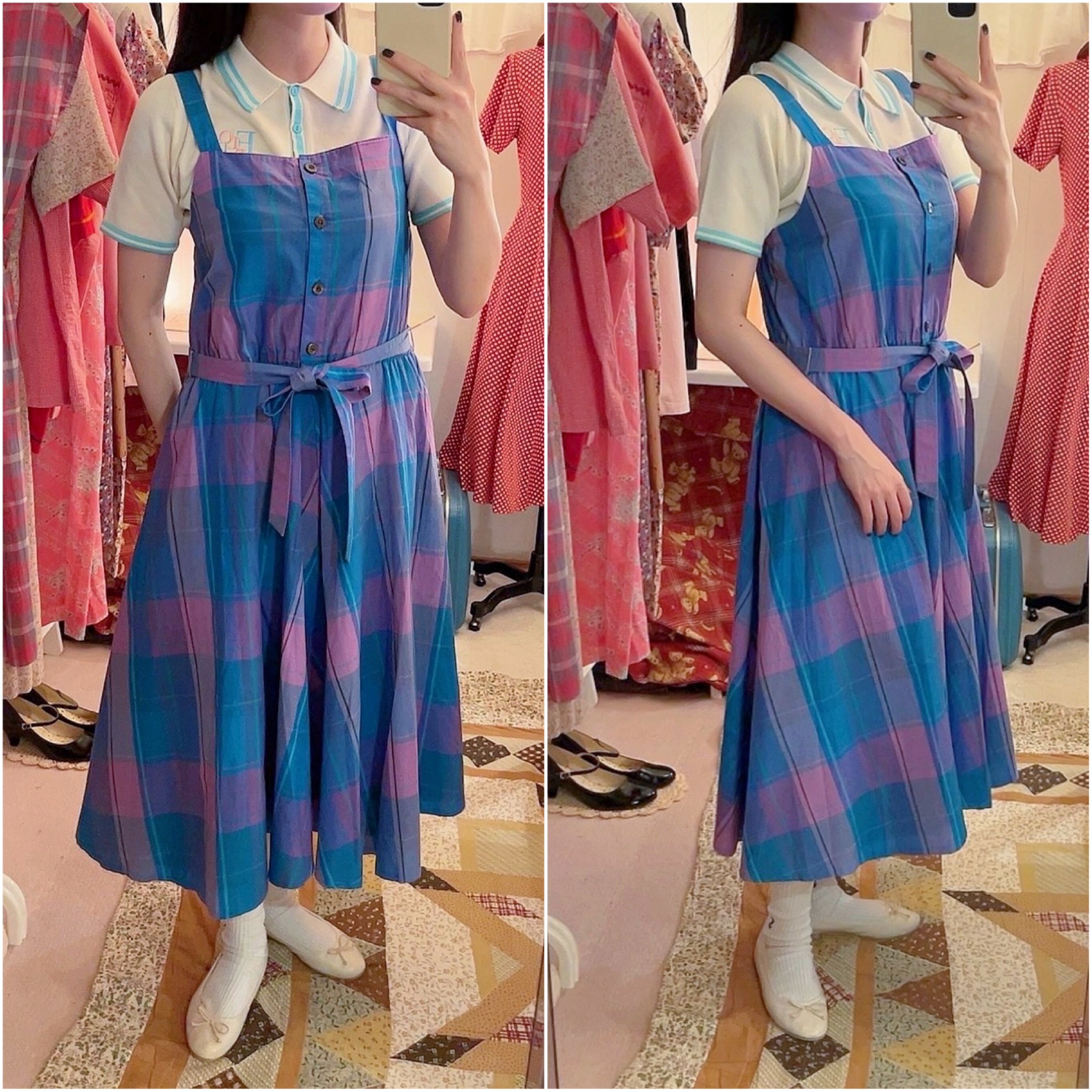 blue pink check ensemble one-piece