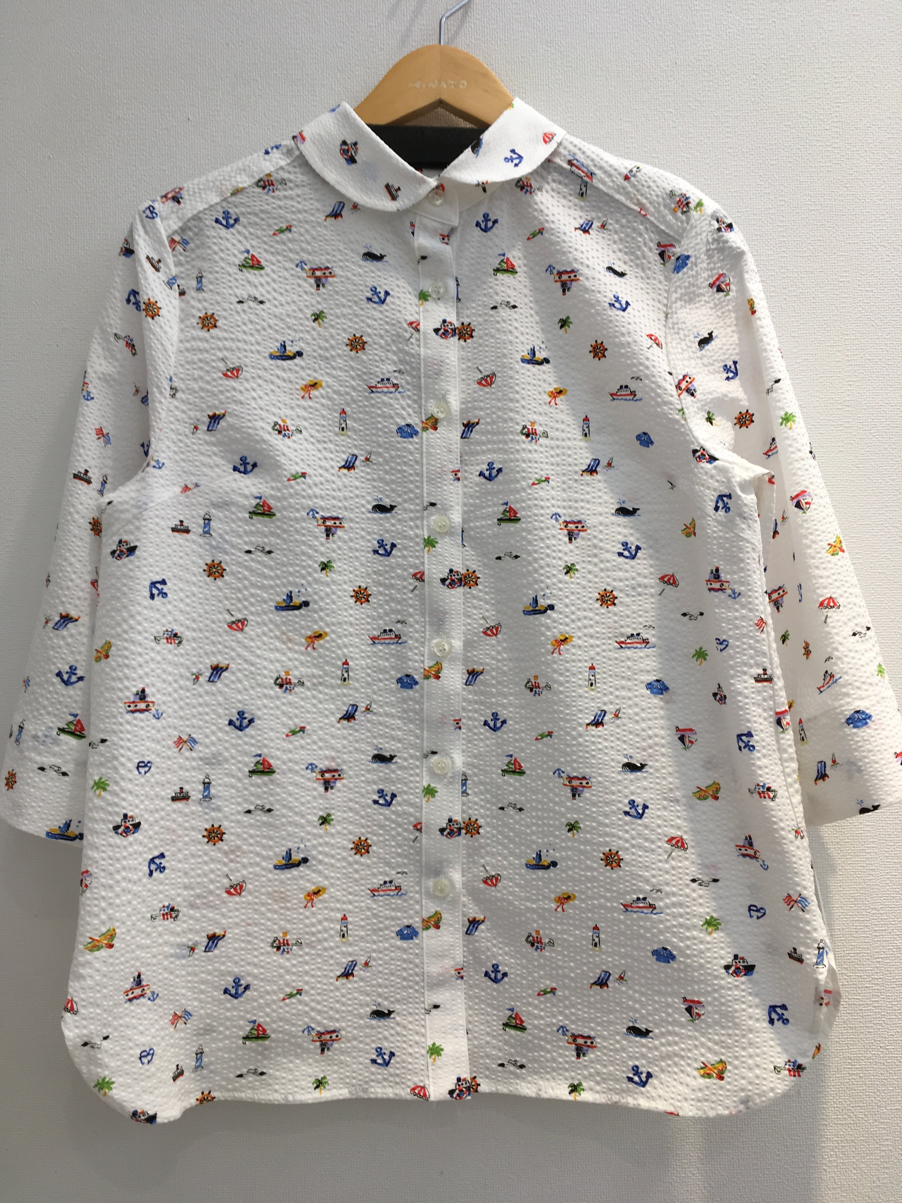 LEONARD カラフル魚柄 マリン 長袖シャツ 綿ローン ホワイト ミナトオリジナル マリン柄シャツ No.M-034 | boutique minato