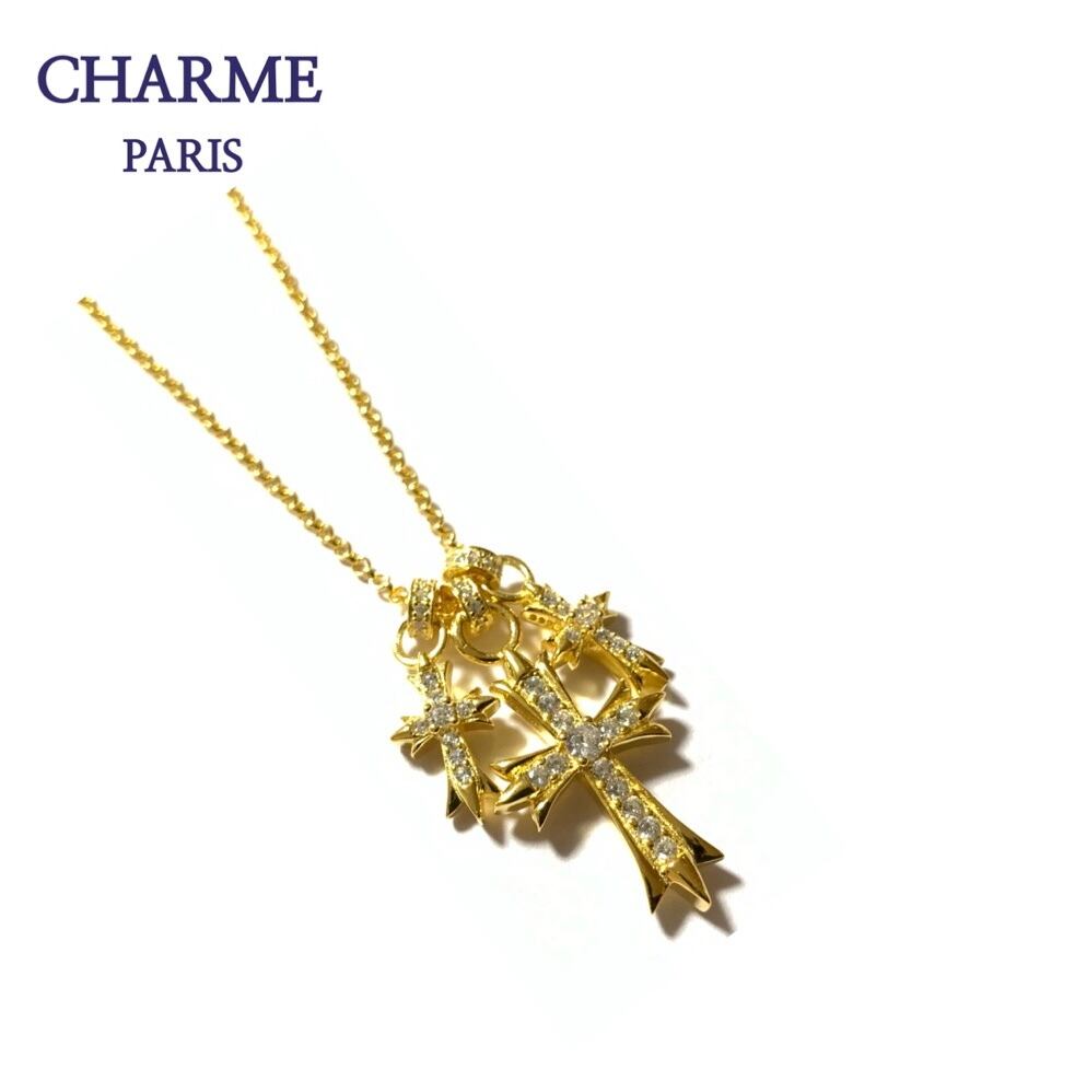 22k plating cz diamond 3連charm cross necklace
