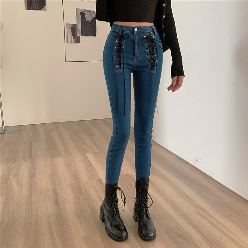 センスドローストリングハイウエストスリムストレッチジーンズレディース2020年秋新作パンツタイトフットパンツ ブラックストロベリース76270854514