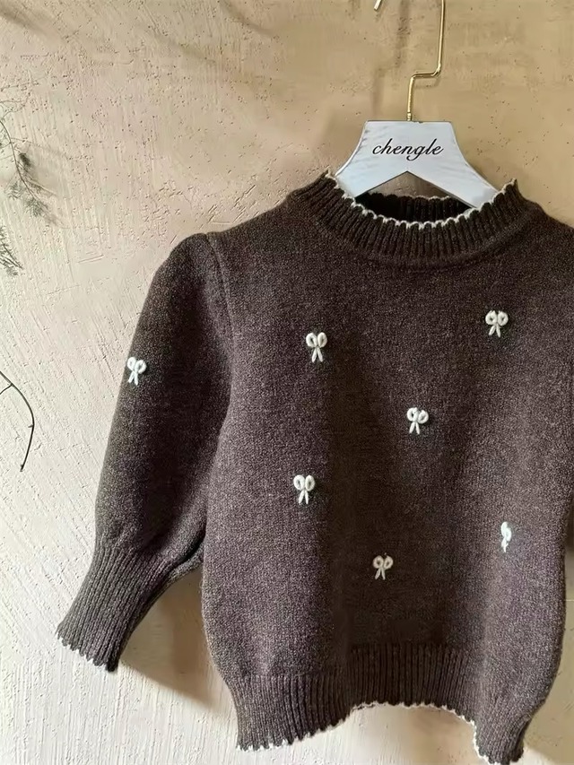 【取寄】流行りのリボンがキュートパフスリーブニットトップス