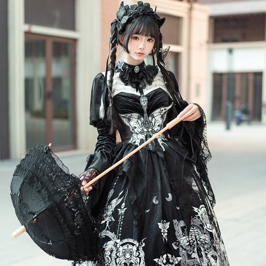 サブカル 服 地雷系 通販 チャイナ風 中華系 ワンピース 十字架 姫袖 レース ロング丈 秋冬服ダークゴシック 闇かわいい