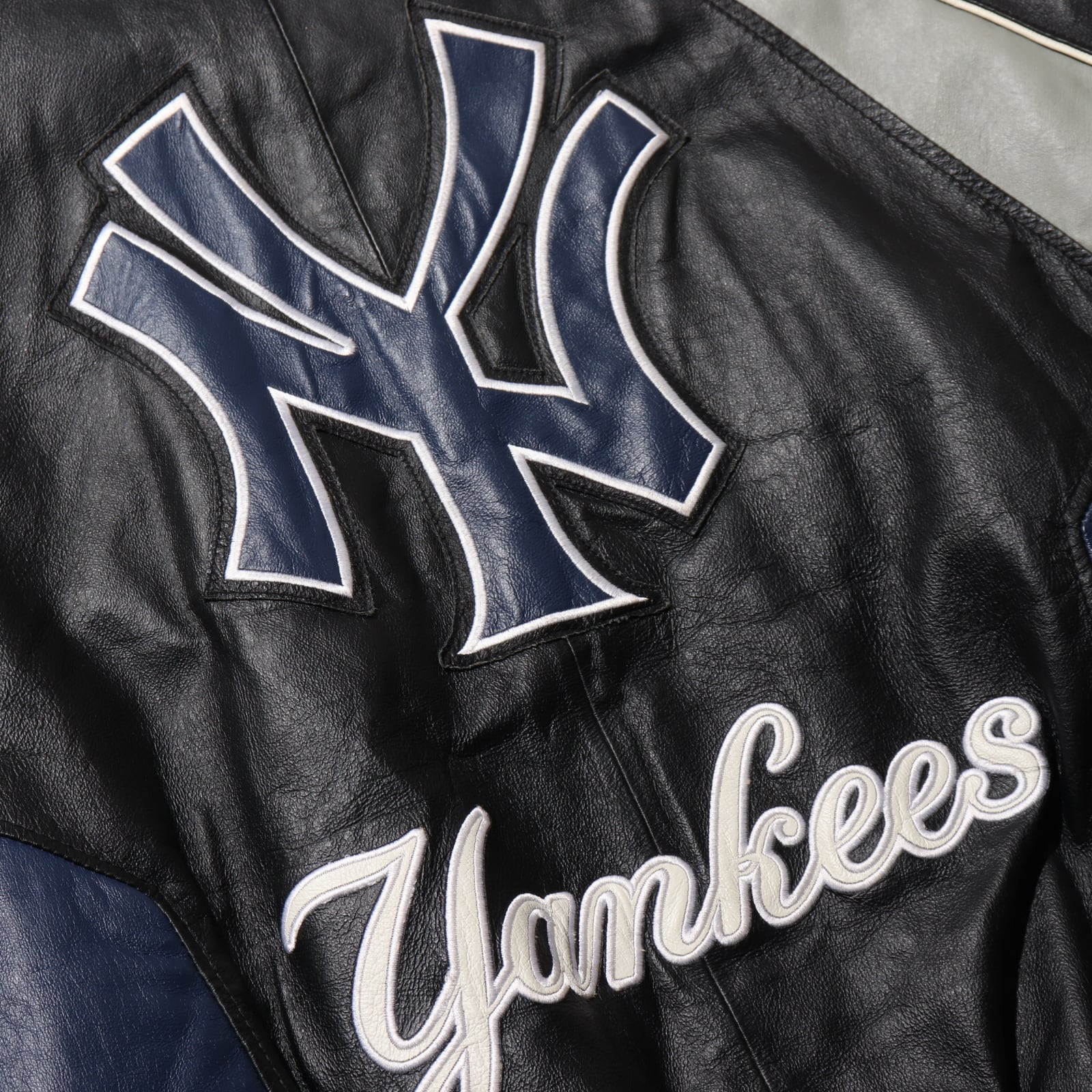 美品 L Yankees 刺繍 レザージャケット ヤンキース 本革 ブラック 