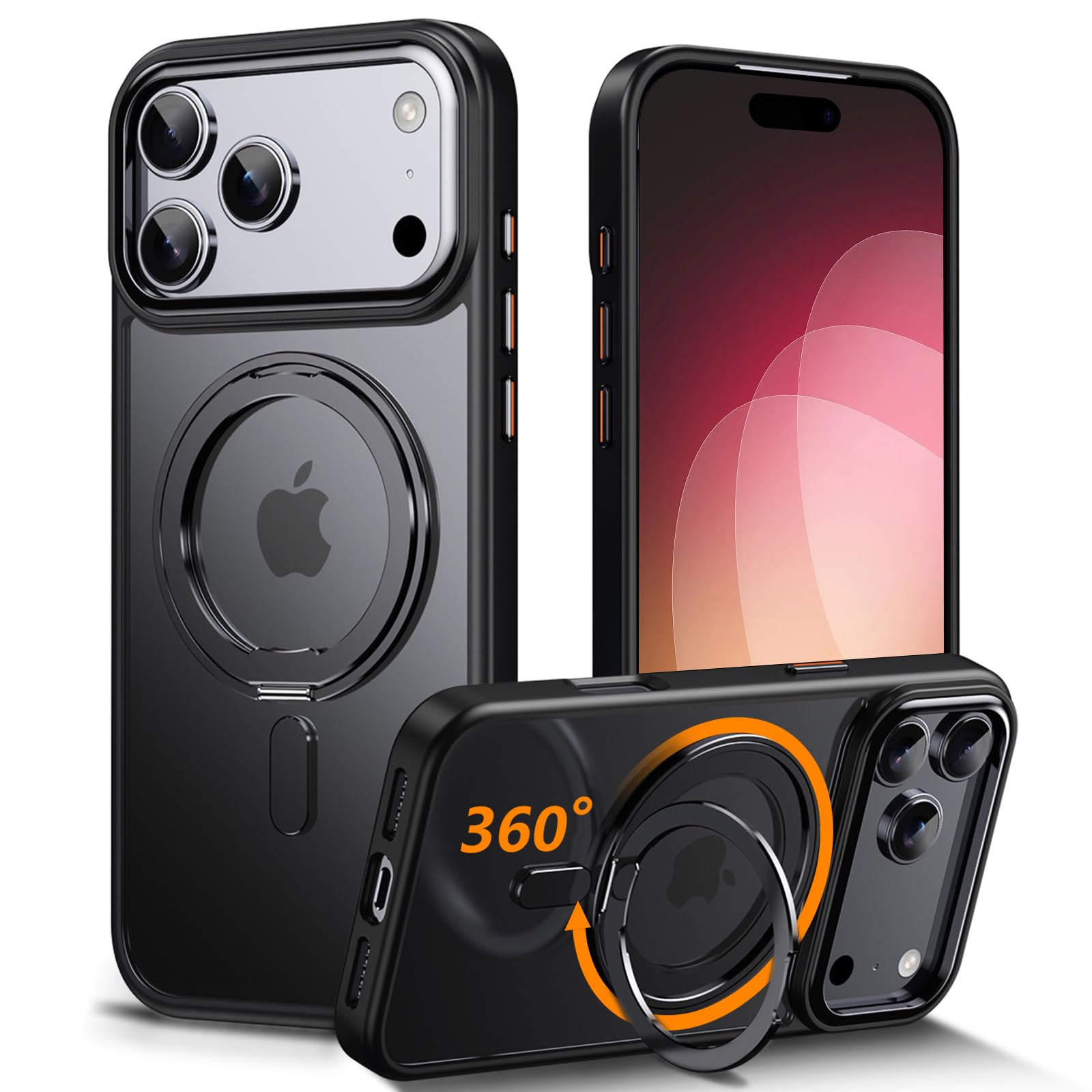 DOMIAMIA iphone 17 pro 用ケース Magsafe対応 いphone17proクリアケース 360°回転スタンド アイフォン17プロ 透明ケース マグネット搭載 iphone17プロ 携帯ケース ワイヤレス充電 アイフォン17pro スマホケース アジャスタブルスタンド 防指紋 透明 すり傷 防止黄ばみ 6.3インチ(ブラック)