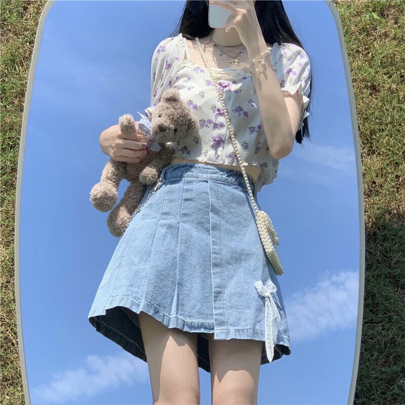 サマーカジュアルリボンフローラルシャツ ハイウェストプリーツAラインスカート 夏物 花柄 ケッペル59784893226