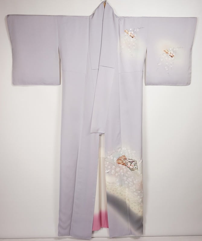 未使用 型染友禅 訪問着 桜 鶴 扇 正絹 金銀箔 白菫色 紫 430 | kimono