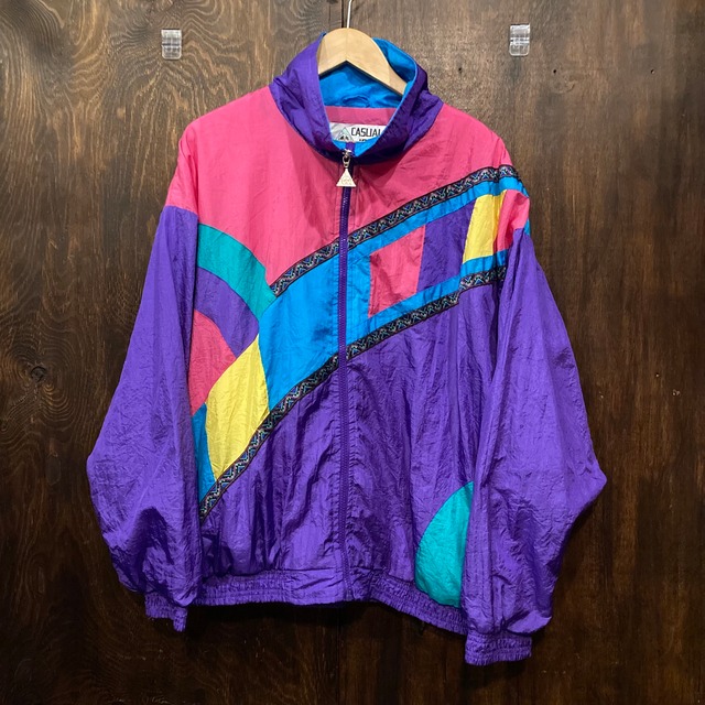 USA古着 80s CASUAL ISLE マルチカラー ナイロンジャケット 紫 Lサイズ 