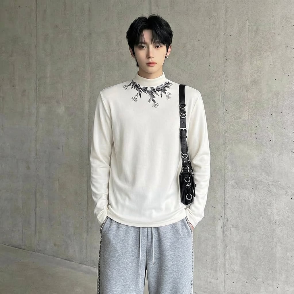 手描きビーズデザインハイカラー長袖Tシャツ 2カラー D11869