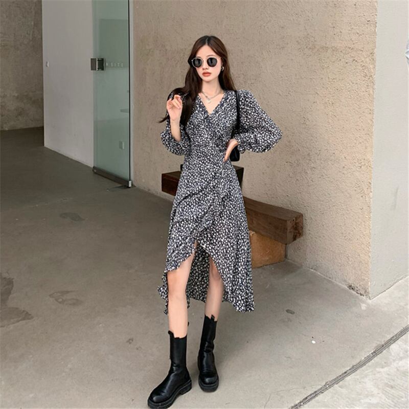 フローラルシフォンドレスレディースウエストウエストと細い気質2020年秋スモールミドル丈セクシースカート ドラファッションホール2402965861