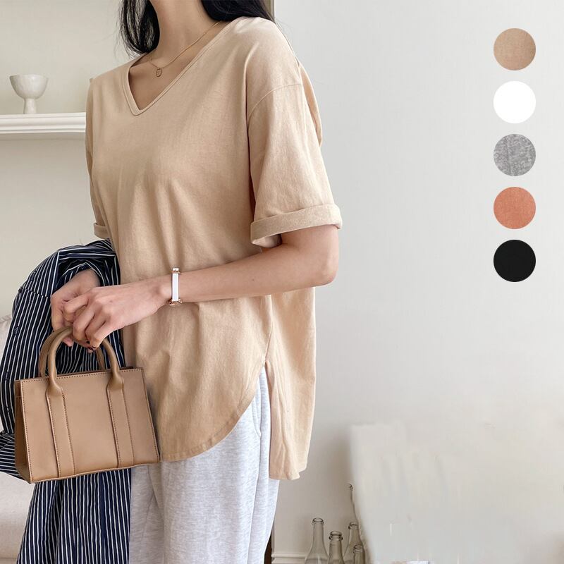 Tシャツ コットン ゆるTシャツ Vネック 2022年新作 レディーストップス 無地tシャツ 半袖 着回し