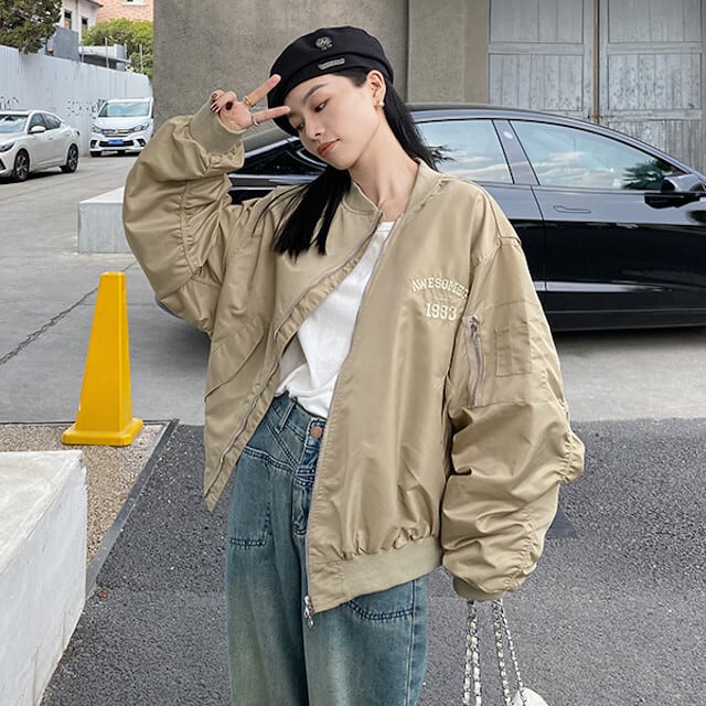 スタジャン レディース アウター オーバーシルエット ゆったり かっこいい メンズライク ストリート カジュアル おしゃれ バックロゴ S/M/L カーキ/ブラック