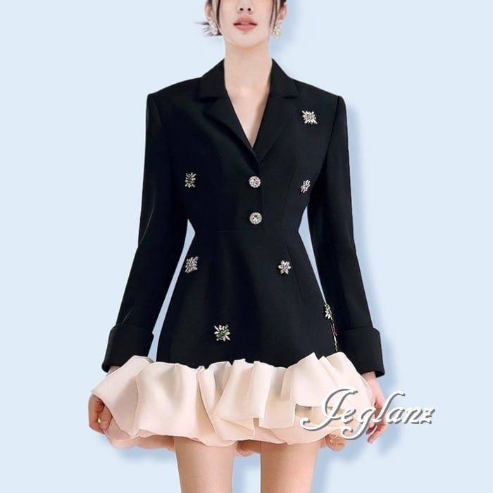 パーティ ドレス バイカラー ワンピース ビジュー 光沢感 ミニ(MB574)ζ