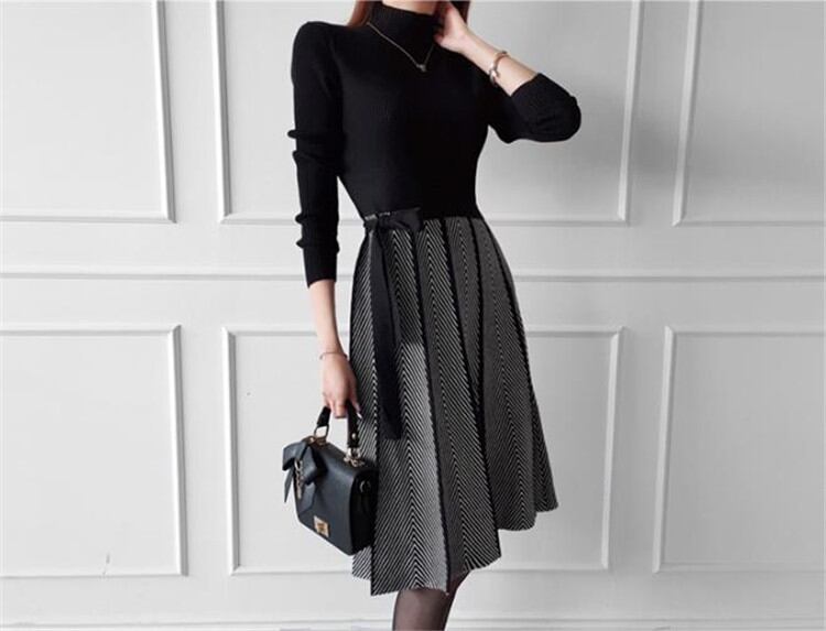 ニット 縫付 ビッグスカート セータードレス 上品映え スタンドカラー デザインセンス バンディング