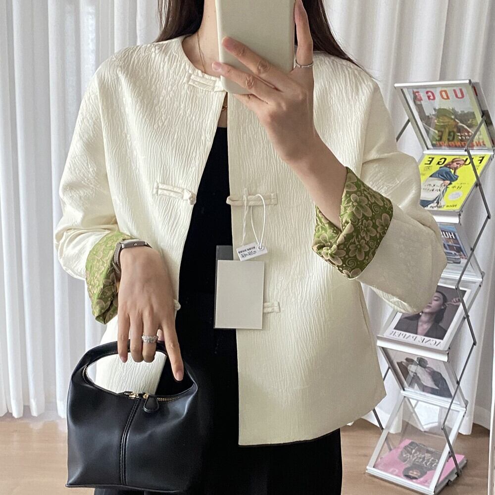 ヴィンテージ 花柄 ボタニカル柄 ノーカラージャケット 羽織り 着物風 ゆるダボ ヴィンテージ 花柄 ボタニカル柄 ノーカラージャケット 羽織り 着物風