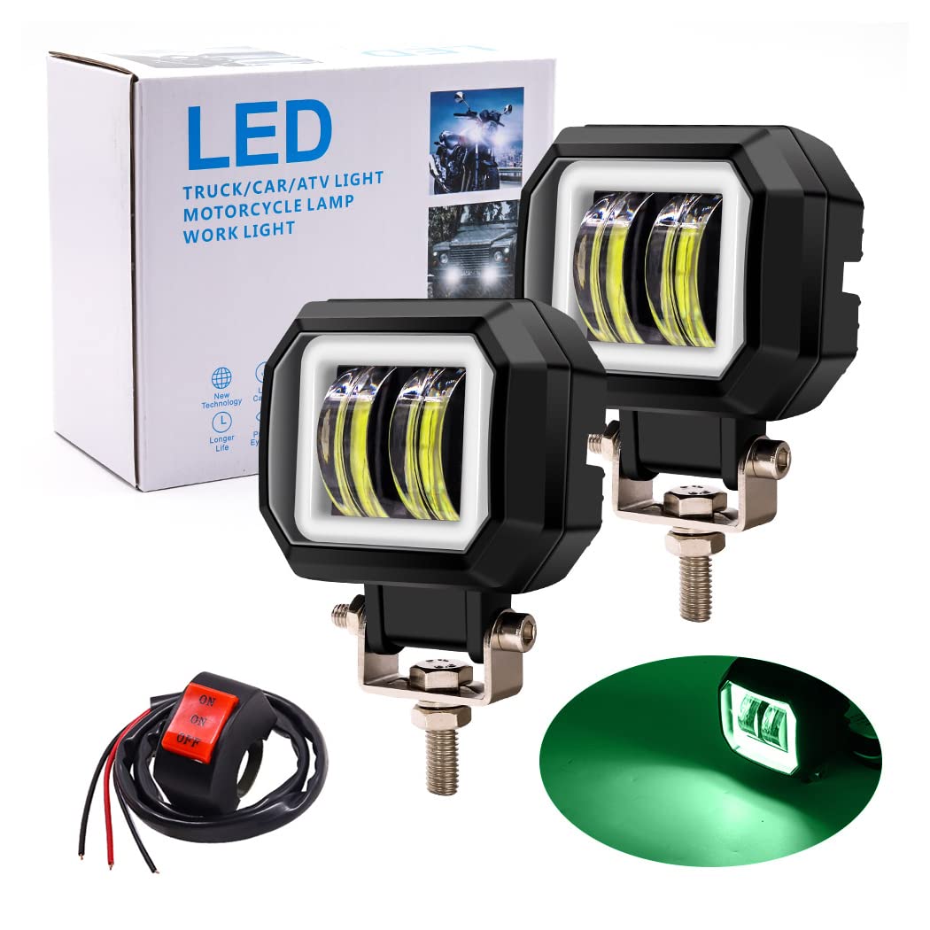 X-STYLE 20W バイク フォグランプ 2色 白+緑イカリング カットラインあり LED 作業灯 ワークライト高輝度 防水 長寿命 耐衝撃 角型 12V 24V 汎用 スイッチ付き 2個セット(ホワイト+グリーン)