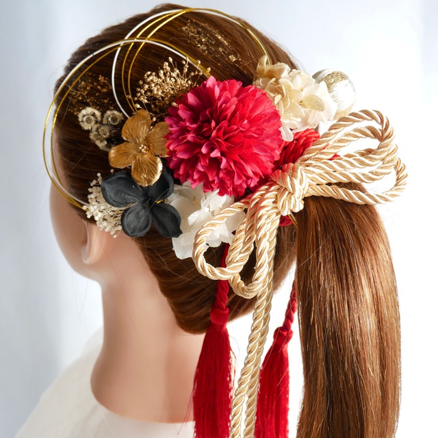 F5  赤ゴールド　タッセル　組紐　ドライフラワー　ポニーテール　髪飾り 成人式　卒業式　振袖　結婚式　和装